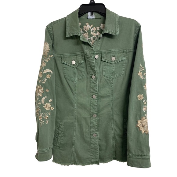 Chico's Jackets & Blazers - Chico's Green Utility Floral Embroidered Denim Jacket Raw Hem Size 12/14 Large